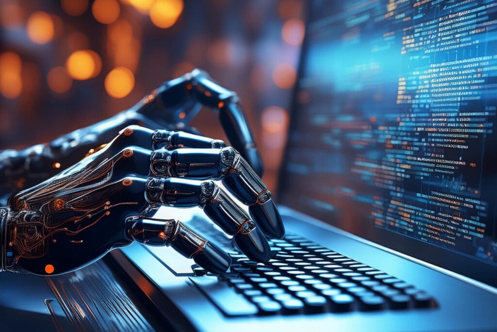 Robot hands typing on a keyboard.