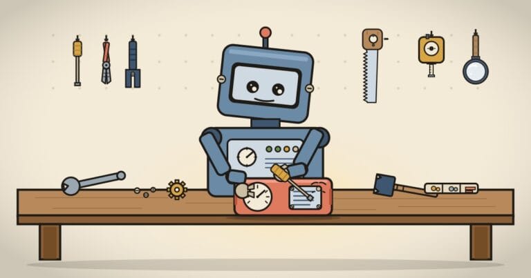 A robot building something at a workbench.